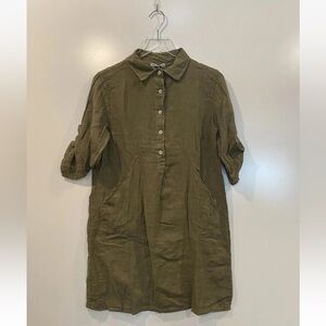 Elena Baldi Women's Olive Green Linen Dress Pockets‎ Lagenlook Size Medium Italy